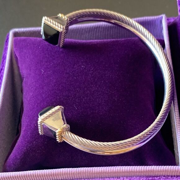 STERLING SILVER & 18K ITALIAN CABLE PYRAMID BANGLE WITH BLACK ONYX - Picture 11 of 14